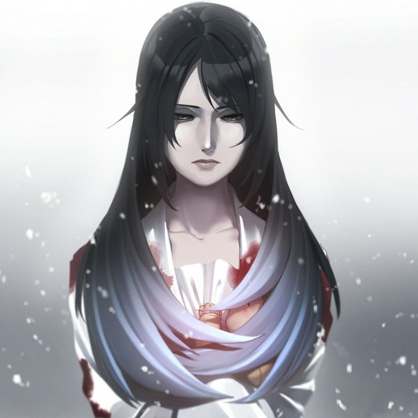 Anime picture 1424x1424 with kiseijuu tamiya ryouko revolmxd long hair black hair standing holding blue hair multicolored hair two-tone hair snowing pale skin blood stains girl dress white dress blood child (children)