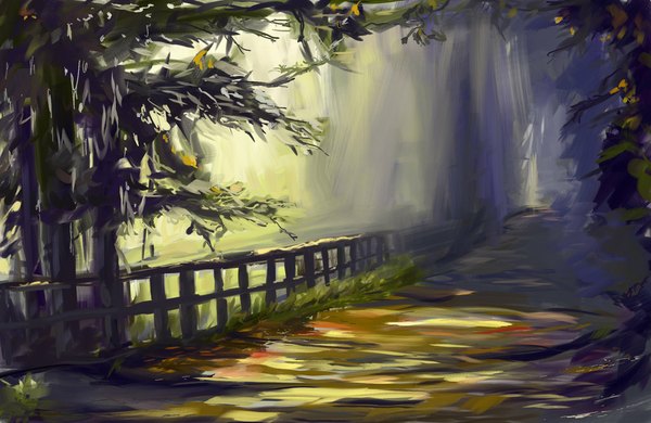 Anime picture 1024x666 with original hangmoon sunlight mountain no people nature plant (plants) tree (trees) forest fence wall road