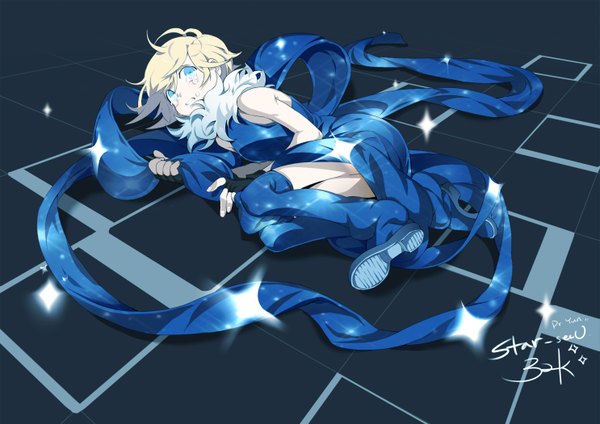 Anime picture 1485x1050 with vocaloid seeu single short hair blue eyes blonde hair bare shoulders signed lying sparkle sleeveless tears dark background checkered floor girl thighhighs dress fingerless gloves fur