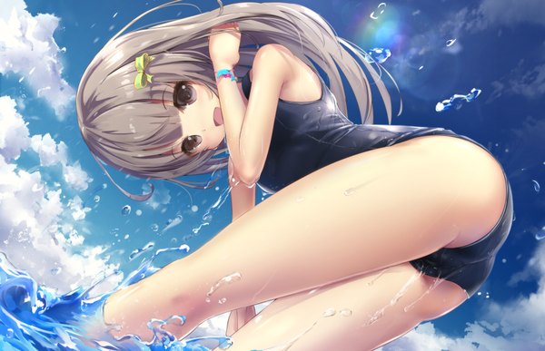 Anime picture 1792x1158 with original missle228 single long hair looking at viewer blush fringe highres open mouth light erotic brown hair brown eyes sky cloud (clouds) ass wet lens flare summer bent over girl