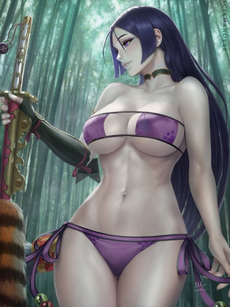 Anime picture 2250x3000 with fate (series) fate/grand order minamoto no raikou (fate) minamoto no raikou (swimsuit lancer) (fate) sciamano240 single tall image blush fringe highres breasts light erotic large breasts standing purple eyes bare shoulders holding signed payot looking away