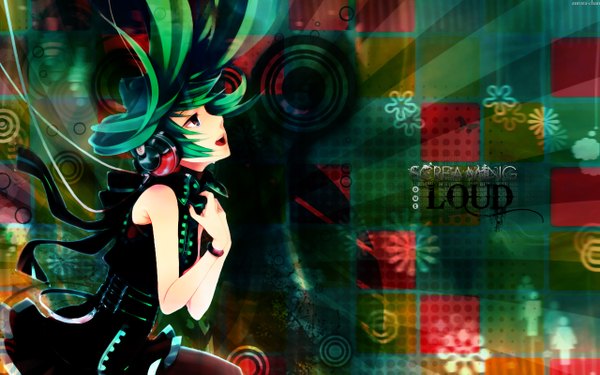 Anime picture 1280x800 with vocaloid hatsune miku macco (artist) single long hair open mouth red eyes wide image bare shoulders profile green hair girl dress bracelet headphones