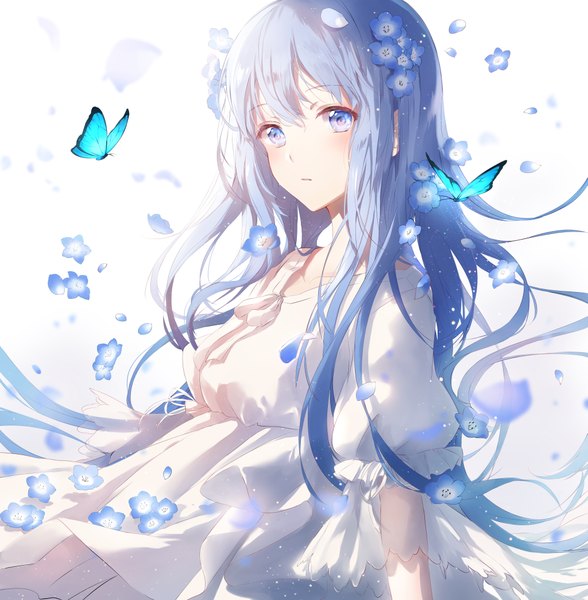 Anime picture 4093x4175 with original sena tea29 single long hair tall image looking at viewer blush fringe highres breasts blue eyes simple background hair between eyes standing white background blue hair absurdres hair flower girl dress