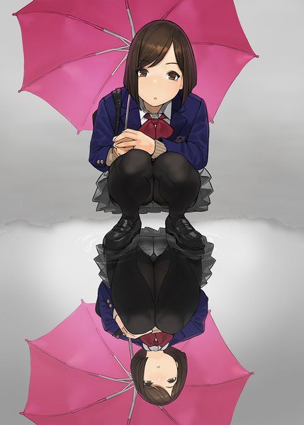 Anime picture 858x1200 with miru tights moegi homi yomu (sgt epper) single tall image looking at viewer fringe short hair open mouth light erotic simple background brown hair holding brown eyes full body bent knee (knees) long sleeves pleated skirt grey background :o