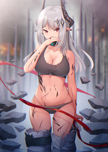 Anime picture 1300x1821 with arknights mudrock (arknights) bowlp single long hair tall image looking at viewer blush fringe breasts light erotic red eyes large breasts standing silver hair outdoors horn (horns) pointy ears covered mouth anaglyph