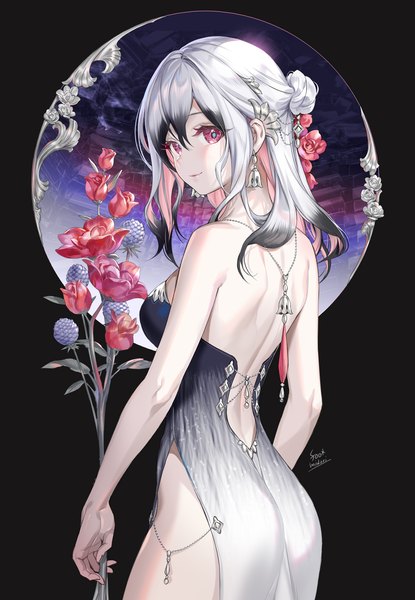 Anime picture 1000x1447 with original midori foo single long hair tall image looking at viewer light erotic red eyes standing bare shoulders signed silver hair looking back multicolored hair hair bun (hair buns) back black background side slit colored inner hair bare back