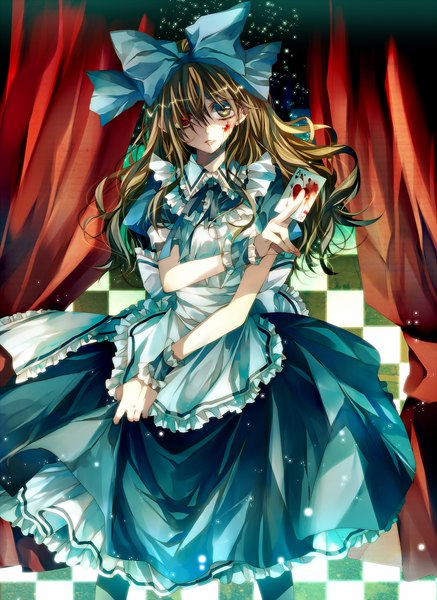 Anime picture 1275x1750 with alice in wonderland alice (wonderland) tsukioka tsukiho long hair tall image heterochromia checkered floor checkered girl dress bow hair bow blood curtains apron wrist cuffs card (cards)