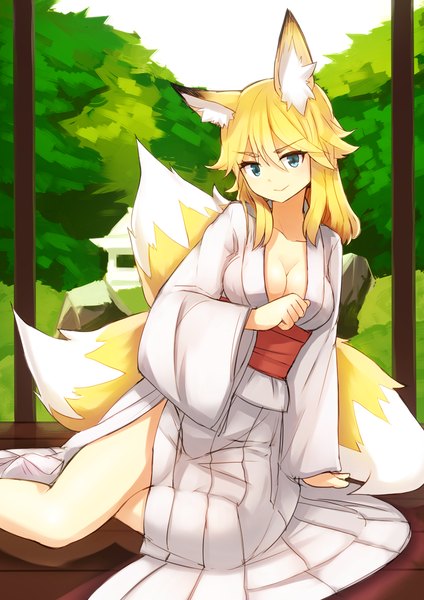 Anime picture 800x1132 with original nosuku single tall image looking at viewer short hair blue eyes blonde hair smile sitting animal ears cleavage tail traditional clothes japanese clothes animal tail fox ears fox tail fox girl multiple tails