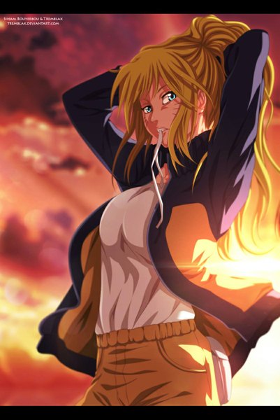 Anime picture 800x1197 with naruto studio pierrot naruto (series) uzumaki naruto naruko tremblax single long hair tall image blue eyes blonde hair holding sky cloud (clouds) ponytail sunlight mouth hold coloring facial mark adjusting hair