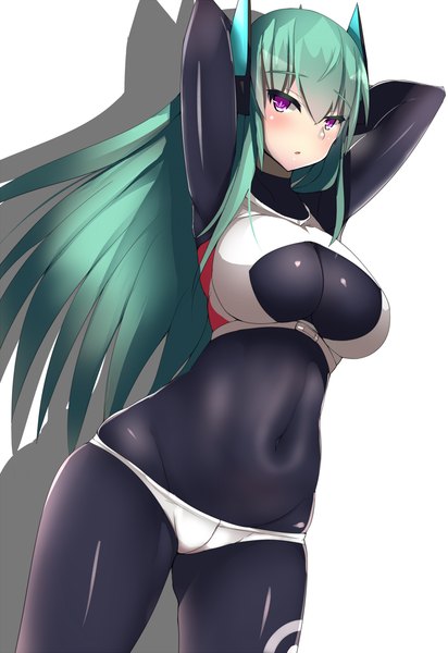 Anime picture 800x1165 with original menou kaname souma (ordures) single long hair tall image looking at viewer blush fringe breasts light erotic simple background large breasts standing white background purple eyes parted lips green hair shadow embarrassed