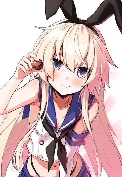 Anime picture 968x1400 with kantai collection shimakaze destroyer takanashi kei (hitsujikan) single long hair tall image looking at viewer blush fringe blue eyes light erotic simple background blonde hair hair between eyes white background bare shoulders holding payot leaning leaning forward