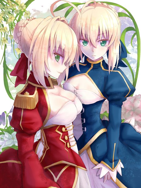 Anime picture 750x1000 with fate (series) fate/stay night fate/extra artoria pendragon (all) saber nero claudius (fate) (all) nero claudius (fate) yude (yudei) tall image looking at viewer blush fringe short hair breasts blonde hair smile hair between eyes large breasts multiple girls green eyes