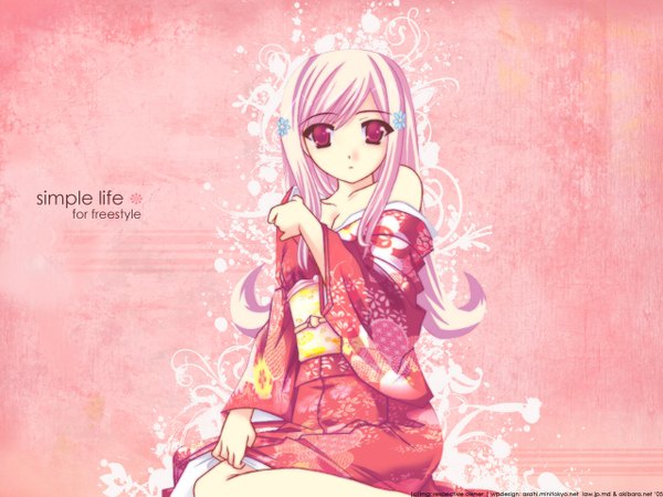 Anime picture 1280x960 with to heart 2 leaf (studio) lucy maria misora single long hair looking at viewer pink hair traditional clothes japanese clothes pink eyes undressing pink background girl kimono