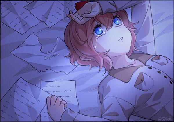 Anime picture 984x689 with doki doki literature club sayori (doki doki literature club) nan (gokurou) single fringe short hair blue eyes hair between eyes brown hair signed upper body lying long sleeves parted lips on back twitter username tears text official alternate costume light
