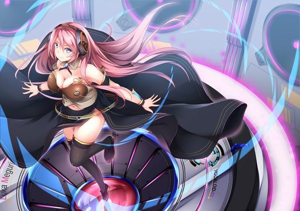 Anime picture 1000x706 with vocaloid megurine luka megurine luka (vocaloid4) bit (keikou syrup) single fringe breasts blue eyes light erotic hair between eyes looking away pink hair cleavage very long hair girl thighhighs dress hair ornament black thighhighs