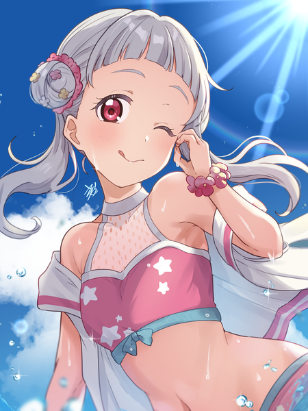 Anime picture 2250x3000 with hello!!! love live! sunrise (studio) love live! arashi chisato kyaku tasu single long hair tall image looking at viewer blush fringe highres light erotic smile sky cloud (clouds) upper body outdoors white hair blunt bangs