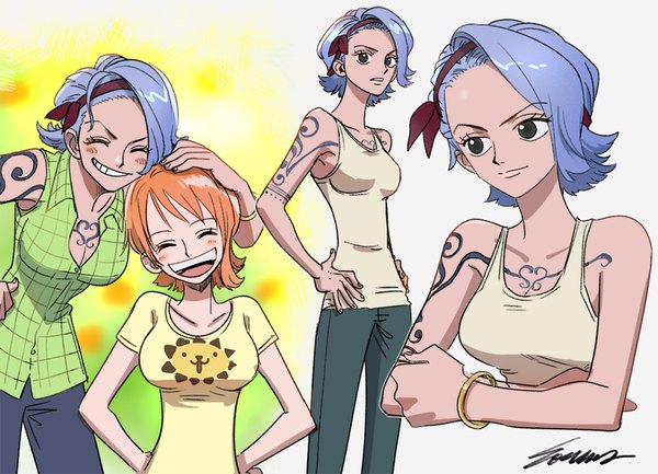 Anime picture 900x649 with one piece toei animation nami (one piece) nojiko souma (soumadian) short hair smile multiple girls purple hair eyes closed black eyes orange hair teeth tattoo grin multiview ^ ^ ^o^ hands on hips hand on another's head