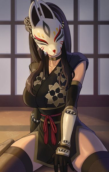 Anime picture 600x944 with original kkamja single long hair tall image fringe breasts light erotic black hair large breasts sitting bent knee (knees) ponytail indoors traditional clothes head tilt japanese clothes arm guard girl thighhighs