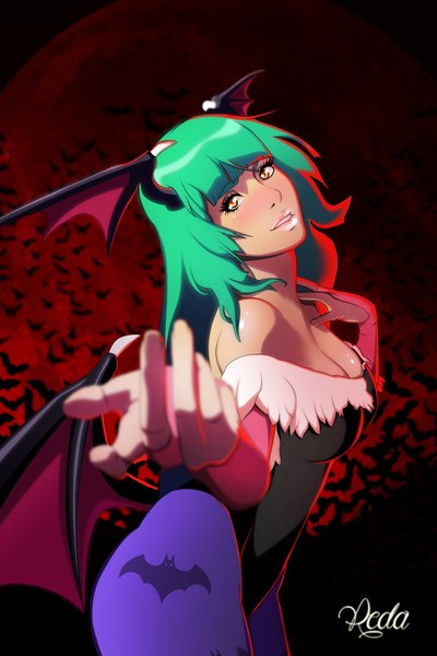 Anime picture 1200x1800 with vampire / darkstalkers (game) capcom morrigan aensland reda22 single long hair tall image looking at viewer blush bare shoulders green hair lips orange eyes bat wings head wings girl wings