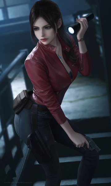 Anime-Bild 3900x6500 mit resident evil claire redfield wickellia single long hair tall image highres breasts blue eyes brown hair standing holding looking away absurdres indoors arm up lips realistic turning head floor