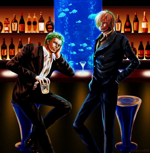 Anime picture 1182x1200 with one piece toei animation roronoa zoro sanji oregano551 tall image looking at viewer fringe short hair blue eyes blonde hair standing sitting holding green eyes signed indoors one eye closed green hair light smile