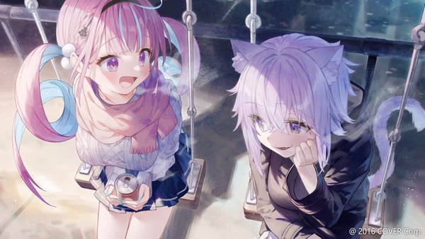 Anime picture 3840x2160 with virtual youtuber hololive minato aqua nekomata okayu rin31153336 long hair fringe highres short hair breasts open mouth wide image sitting purple eyes twintails multiple girls animal ears pink hair absurdres purple hair