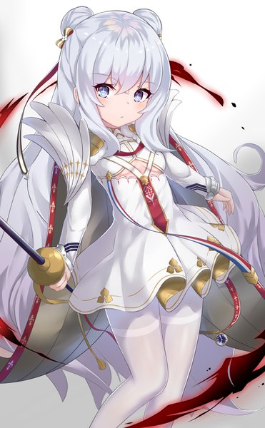 Anime picture 2000x3236 with azur lane le malin (azur lane) ponta (velmar) single long hair tall image looking at viewer fringe highres blue eyes simple background hair between eyes standing holding payot silver hair hair bun (hair buns) symbol-shaped pupils + + girl