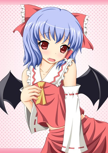 Anime picture 1024x1450 with touhou hakurei reimu remilia scarlet neats (artist) single tall image short hair open mouth red eyes blue hair teeth fang (fangs) cosplay hakurei reimu (cosplay) girl skirt bow hair bow detached sleeves wings