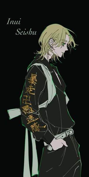 Anime picture 2067x4093 with tokyo revengers inui seishu heeei 0 single tall image highres short hair simple background blonde hair green eyes looking away profile character names black background hand in pocket boy