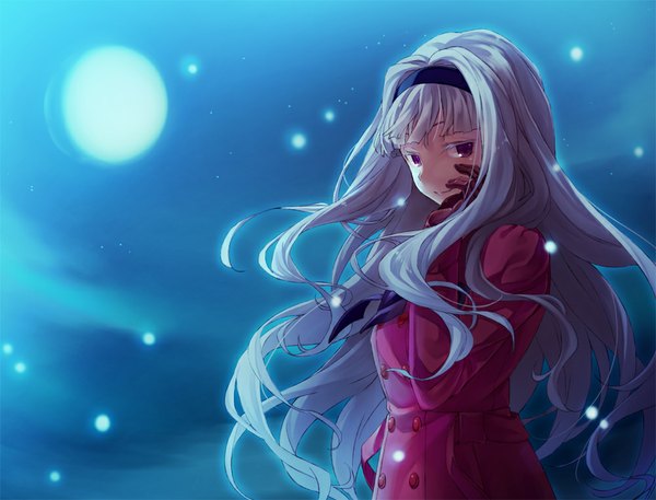Аниме картинка 1000x762 с идолмастер shijou takane nanaran один (одна) длинные волосы смотрит на зрителя улыбка фиолетовые глаза белые волосы снегопад девушка повязка на волосы луна пальто