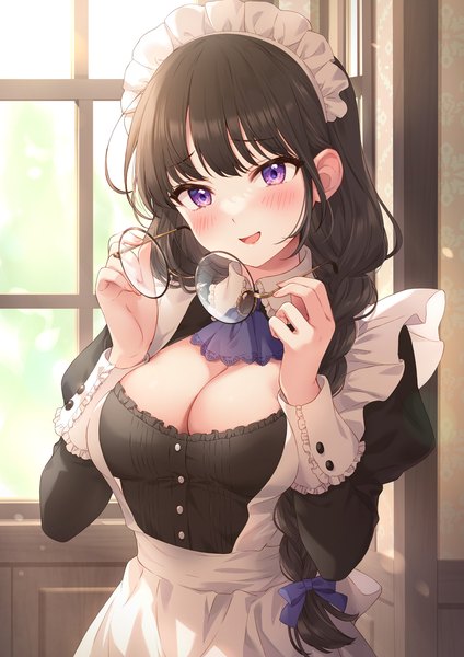 Anime picture 1035x1465 with original mikami (mcm ncb) single long hair tall image blush breasts open mouth light erotic black hair large breasts purple eyes looking away cleavage upper body :d maid eyewear removed girl uniform