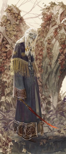 Аниме картинка 878x2048 с elden ring maleigh marais fune (nkjrs12) длинные волосы высокое изображение стоя смотрит в сторону всё тело коса (косы) solo focus мужчина оружие меч лист (листья)