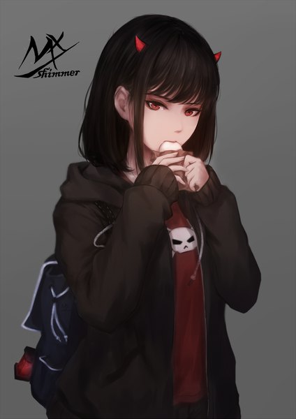 Anime picture 1240x1753 with original shimmer single tall image looking at viewer fringe short hair black hair simple background red eyes standing holding signed payot blunt bangs horn (horns) grey background open clothes eating skull print