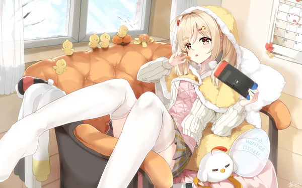 Anime picture 2039x1274 with original nintendo jina asahi kuroi single long hair looking at viewer blush fringe highres open mouth blonde hair wide image twintails holding signed yellow eyes payot ahoge indoors