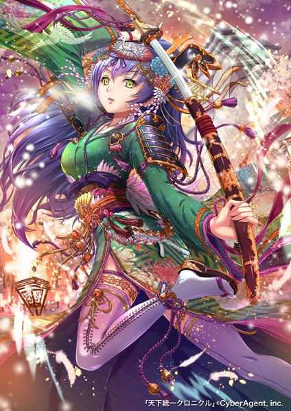Anime picture 800x1131 with tenkuu no crystalia sakiyamama single long hair tall image looking at viewer fringe open mouth hair between eyes standing holding green eyes sky purple hair cloud (clouds) outdoors traditional clothes japanese clothes arm up wide sleeves