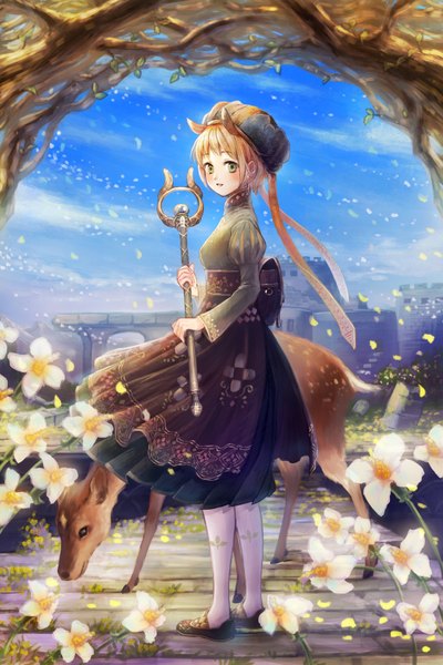 Anime picture 1170x1754 with chain chronicle original sega sugi (artist) single tall image looking at viewer blush fringe short hair blonde hair green eyes sky cloud (clouds) wind girl flower (flowers) plant (plants) hat animal
