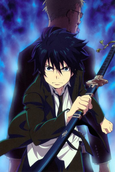 Anime picture 2199x3272 with ao no exorcist a-1 pictures okumura rin fujimoto shirou tall image looking at viewer fringe highres short hair blue eyes black hair blonde hair hair between eyes looking away from behind scan official art multiple boys glowing hieroglyph