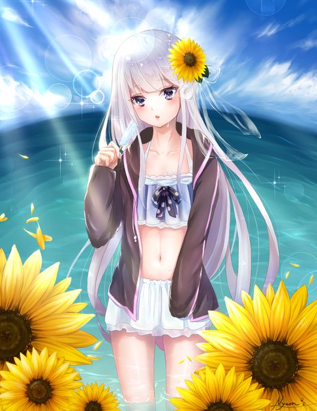 Anime picture 1239x1601 with original nyaon oekaki single long hair tall image looking at viewer blush fringe open mouth light erotic standing purple eyes holding signed sky silver hair cloud (clouds) outdoors long sleeves hair flower