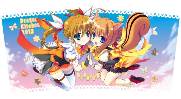 Anime picture 1200x655 with dog days rebecca anderson kuberu e pastillage kanibasami long hair blush short hair open mouth blue eyes wide image twintails animal ears sky ahoge braid (braids) animal tail hair bun (hair buns) high heels holding hands happy