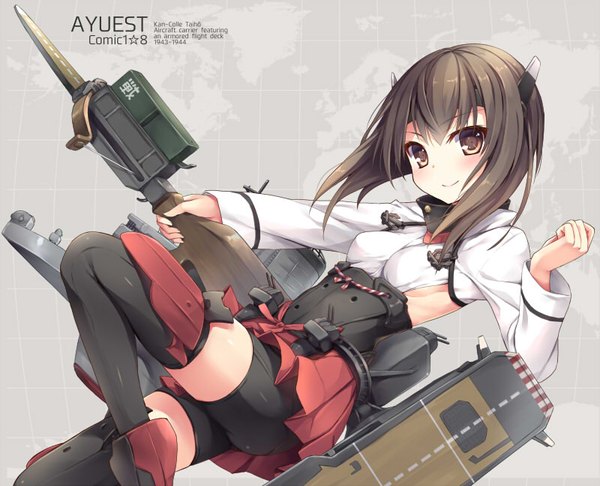 Anime picture 800x649 with kantai collection taihou armored aircraft carrier bankoku ayuya single long hair looking at viewer blush fringe short hair light erotic smile brown hair holding brown eyes bent knee (knees) parted lips head tilt pleated skirt inscription grey background