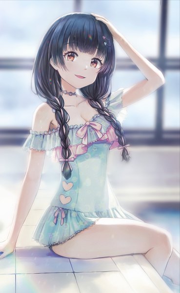Anime picture 1046x1699 with idolmaster idolmaster shiny colors mayuzumi fuyuko bbb3y1 single long hair tall image looking at viewer blush fringe open mouth black hair smile sitting brown eyes payot cleavage indoors blunt bangs braid (braids)