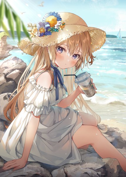 Anime picture 1070x1500 with original kanda done single long hair tall image looking at viewer blush fringe breasts blonde hair hair between eyes sitting purple eyes holding sky bent knee (knees) outdoors head tilt arm support short sleeves