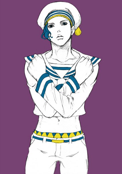 Anime picture 566x800 with jojo no kimyou na bouken jojolion kira yoshikage (jojolion) chounorin single tall image looking at viewer short hair simple background blue hair parted lips bare belly crossed arms purple background partially colored boy navel beret sailor suit