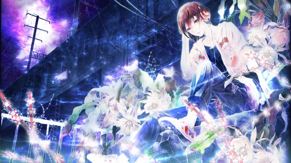 Anime picture 1280x720 with nico nico singer nano (singer) kibi (pixiv298748) single looking at viewer short hair red eyes brown hair wide image sitting night night sky twisty sleeves constellation boy flower (flowers) shoes headphones insect building (buildings)