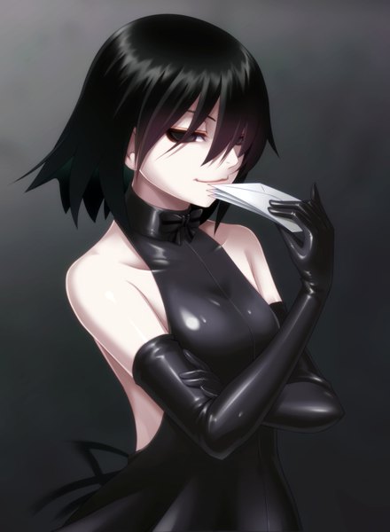 Anime picture 768x1046 with owarimonogatari shaft (studio) monogatari (series) oshino ougi mc4 single tall image looking at viewer short hair black hair bare shoulders black eyes dark background girl dress gloves black gloves elbow gloves black dress letter