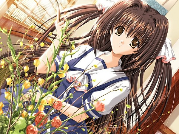 Anime picture 1024x768 with sky (game) hiougi ayame akira (usausa) single long hair brown hair yellow eyes game cg girl plant (plants)