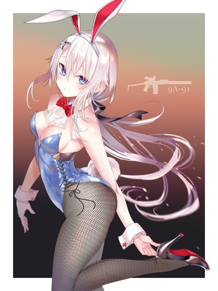 Anime picture 2400x3200 with girls frontline 9a-91 (girls frontline) pottsness single long hair tall image looking at viewer blush fringe highres breasts blue eyes light erotic simple background hair between eyes large breasts standing animal ears payot cleavage