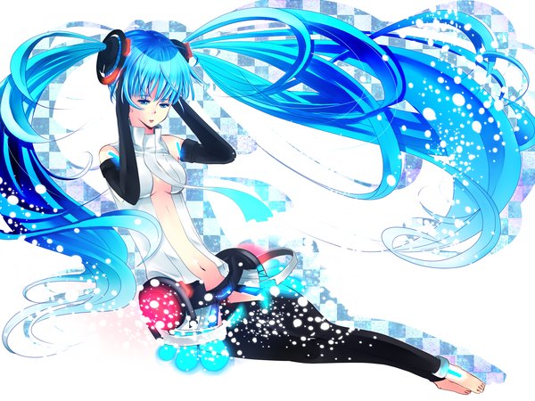Anime picture 2000x1500 with vocaloid vocaloid append hatsune miku hatsune miku (append) highres twintails very long hair barefoot aqua hair girl detached sleeves