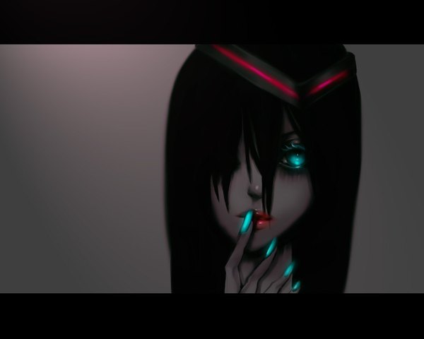 Anime picture 1280x1024 with vocaloid vocaloid append hatsune miku hatsune miku (append) nacha una single long hair looking at viewer fringe black hair simple background nail polish aqua eyes fingernails hair over one eye grey background lipstick finger to mouth letterboxed alternate hairstyle