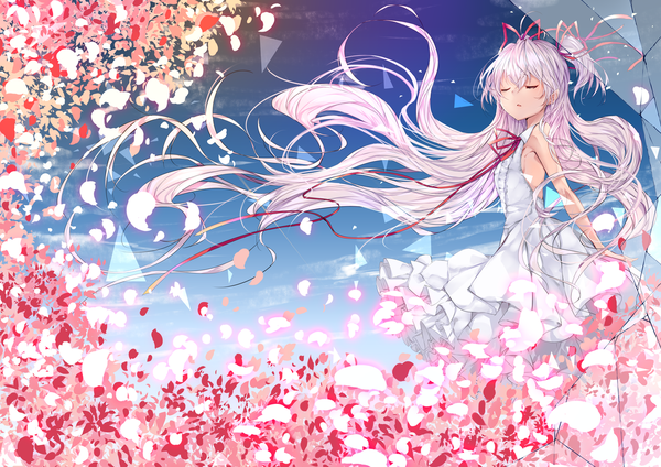 Anime picture 1281x906 with original umino mizu single fringe hair between eyes bare shoulders sky silver hair eyes closed very long hair wind two side up sleeveless hands behind back girl dress flower (flowers) ribbon (ribbons) hair ribbon petals